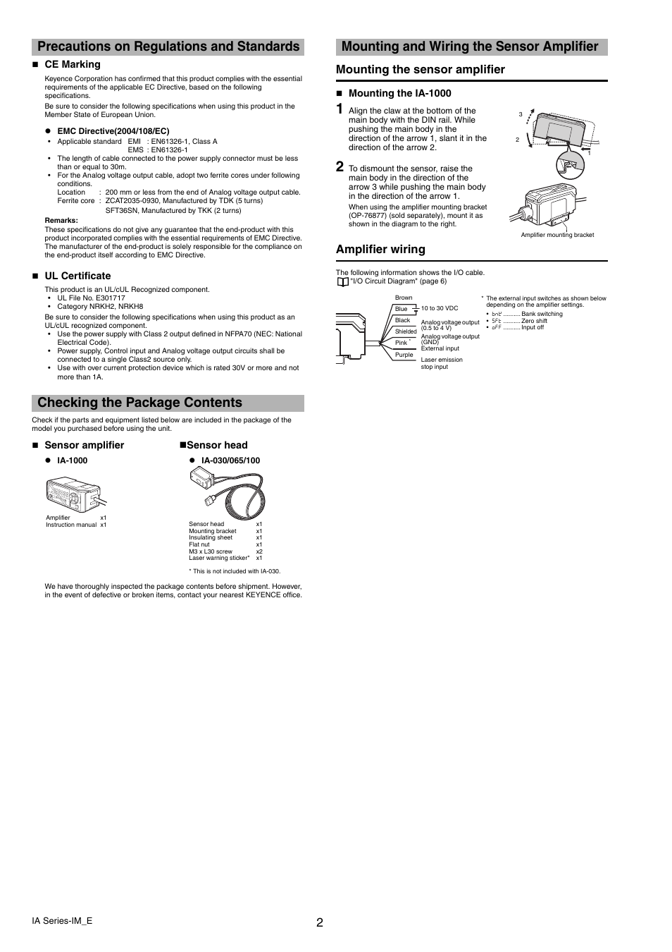 Precautions on regulations and standards, Checking the package contents, Mounting and wiring the sensor amplifier | Mounting the sensor amplifier, Amplifier wiring, Ce marking, Ul certificate, Sensor amplifier  sensor head, Mounting the ia-1000, Series | KEYENCE IA Series User Manual | Page 2 / 8
