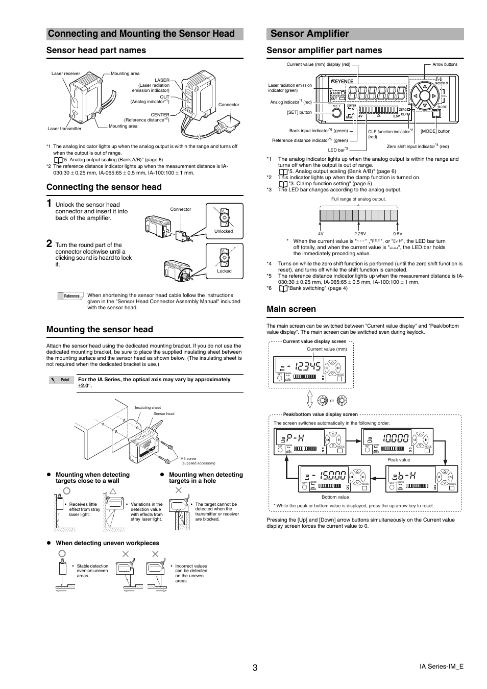 Connecting and mounting the sensor head, Sensor head part names, Connecting the sensor head | Mounting the sensor head, Sensor amplifier, Sensor amplifier part names, Main screen | KEYENCE IA Series User Manual | Page 3 / 8