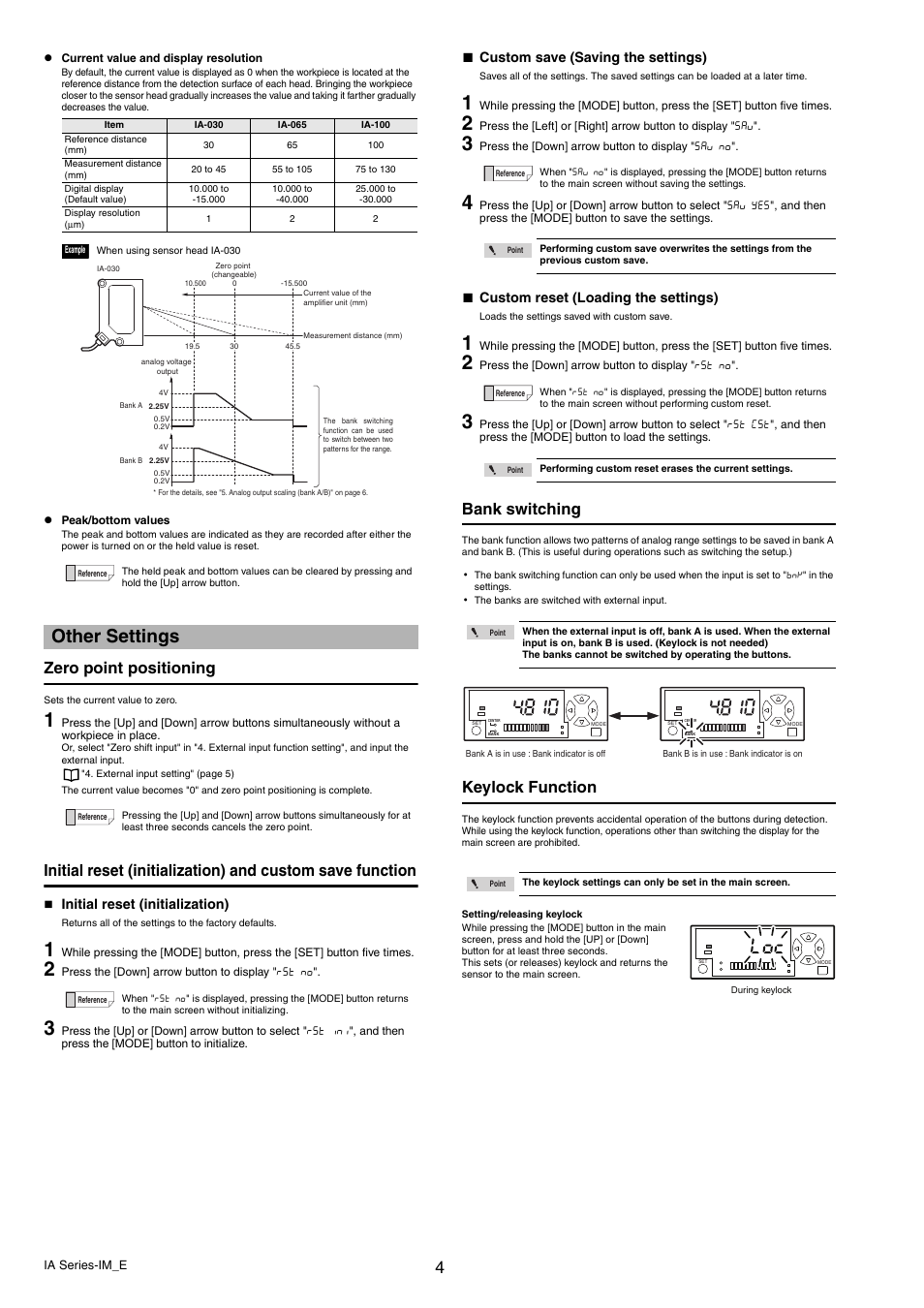 Other settings, Zero point positioning, Bank switching | Keylock function, Initial reset (initialization), Custom save (saving the settings), Custom reset (loading the settings) | KEYENCE IA Series User Manual | Page 4 / 8