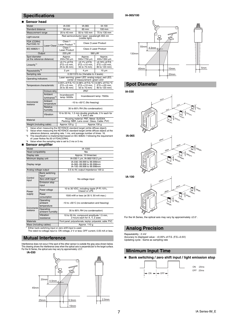 Specifications, Mutual interference, Spot diameter | Analog precision, Minimum input time, Spot diameter analog precision minimum input time, Sensor head, Sensor amplifier | KEYENCE IA Series User Manual | Page 7 / 8