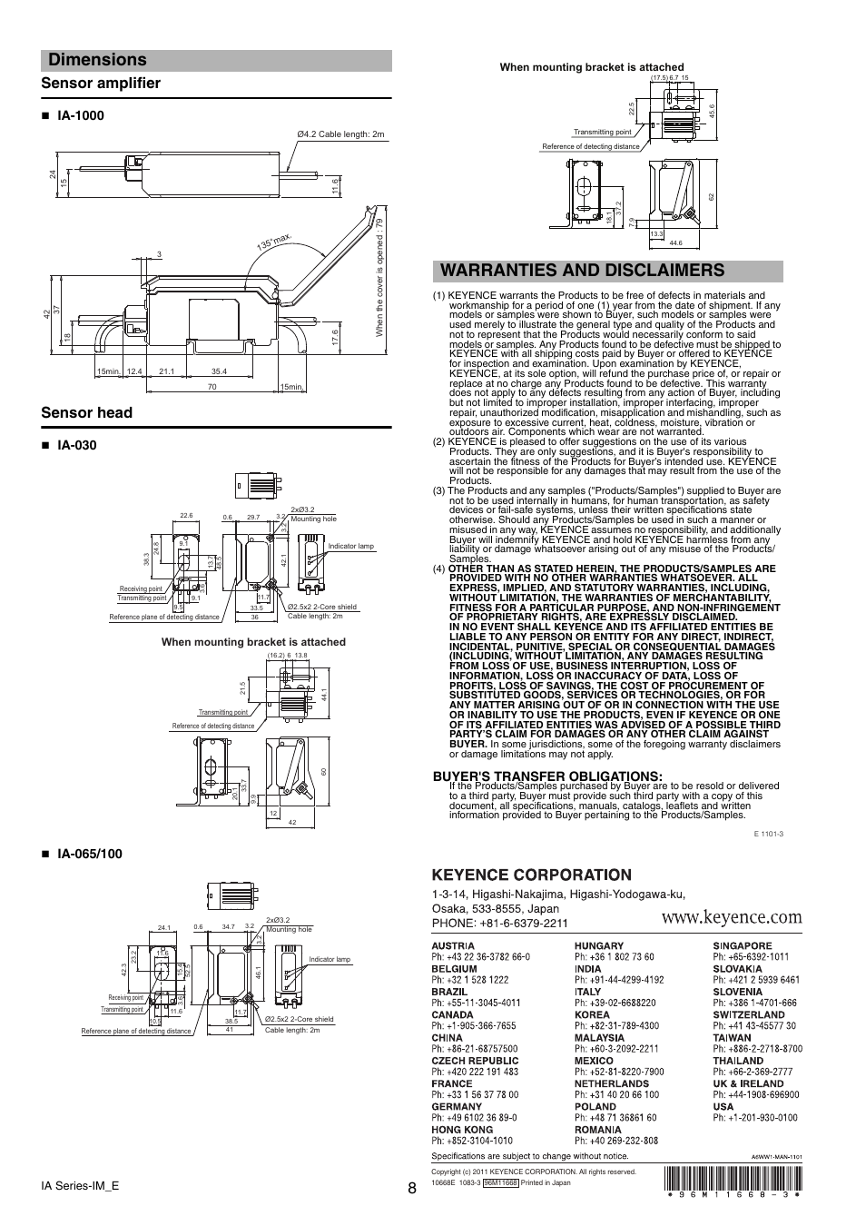 Dimensions, Sensor amplifier, Sensor head | Warranties and disclaimers, Ia-1000, Ia-030, Buyer's transfer obligations | KEYENCE IA Series User Manual | Page 8 / 8