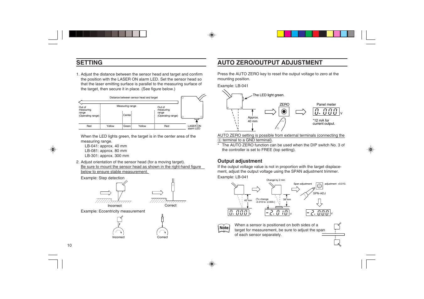 Setting, Auto zero/output adjustment, Output adjustment | KEYENCE LB-1000(W) User Manual | Page 10 / 24