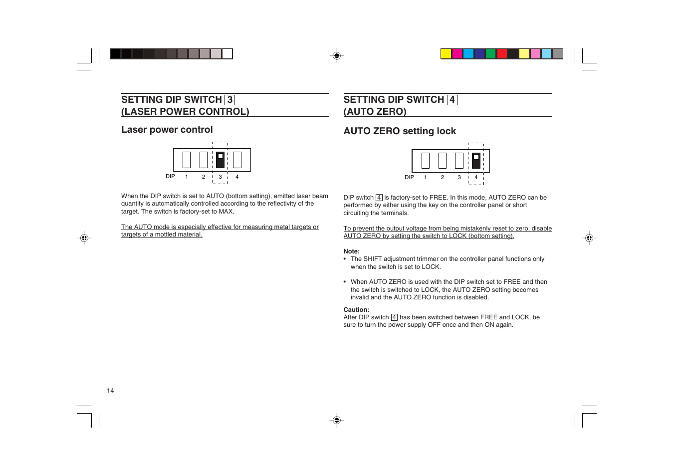 Setting dip switch [3] (laser power control), Setting dip switch [4] (auto zero), Laser power control | KEYENCE LB-1000(W) User Manual | Page 14 / 24