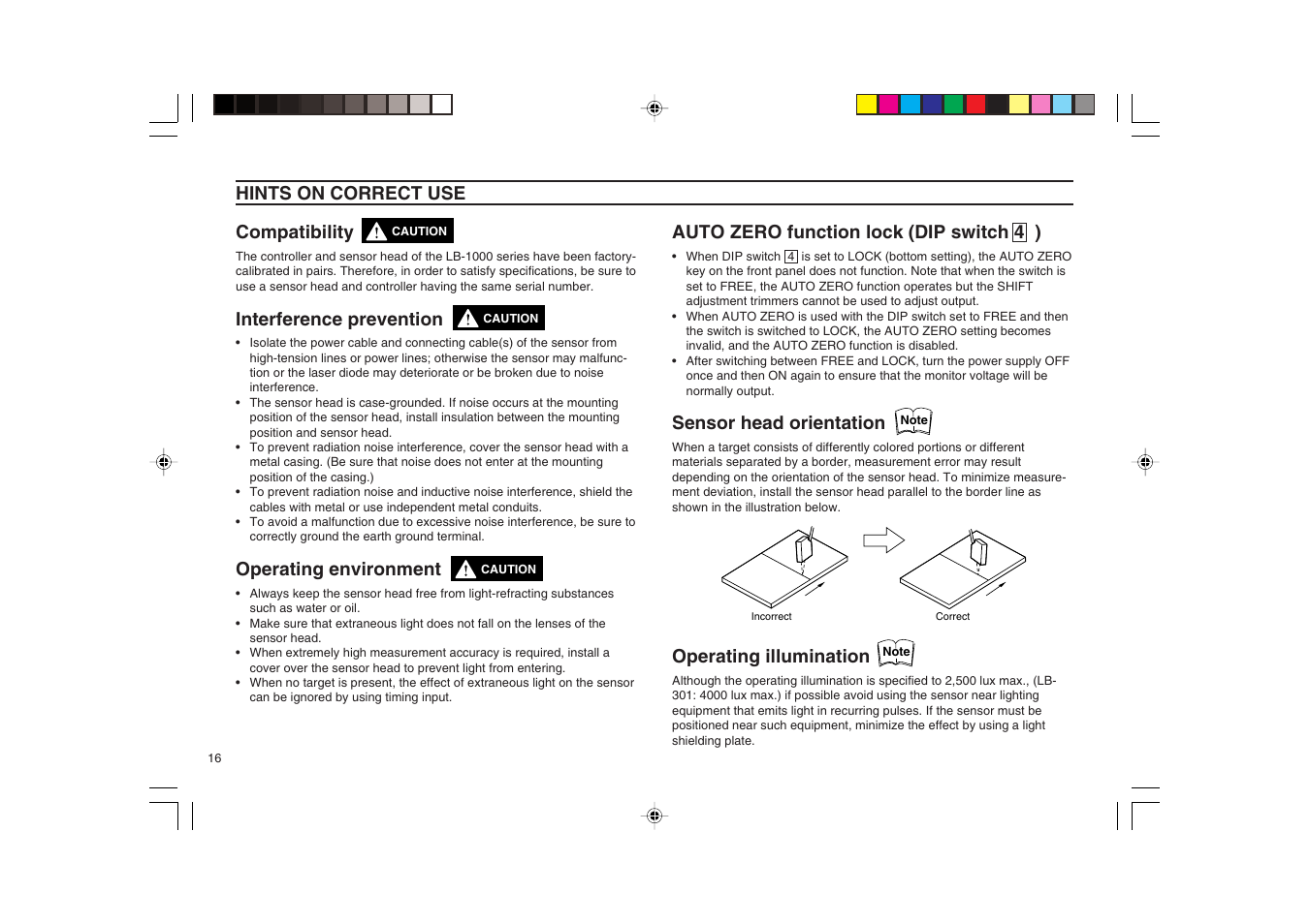 Hints on correct use, Hints on correct use compatibility, Interference prevention | Operating environment, Auto zero function lock (dip switch 4 ), Sensor head orientation, Operating illumination | KEYENCE LB-1000(W) User Manual | Page 16 / 24