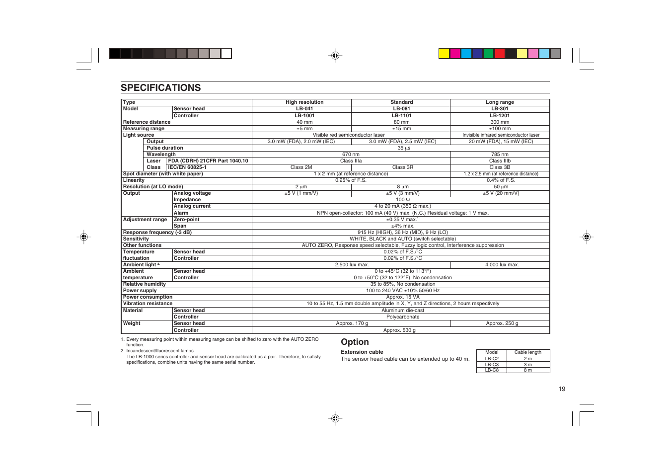 Specifications, Option | KEYENCE LB-1000(W) User Manual | Page 19 / 24