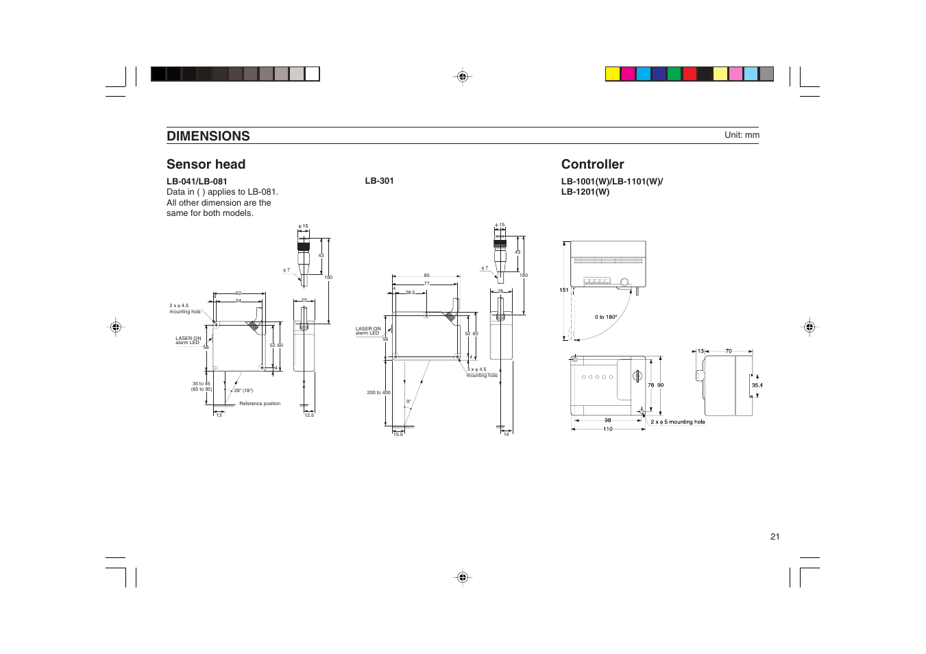 Dimensions, Sensor head, Controller | KEYENCE LB-1000(W) User Manual | Page 21 / 24