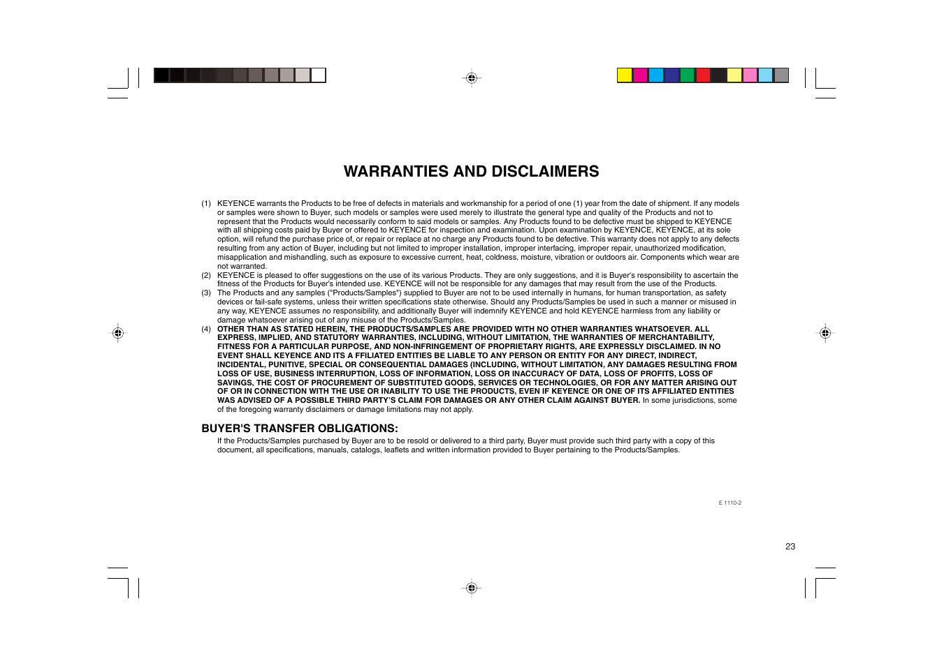 Warranty, Warranties and disclaimers, Buyer's transfer obligations | KEYENCE LB-1000(W) User Manual | Page 23 / 24