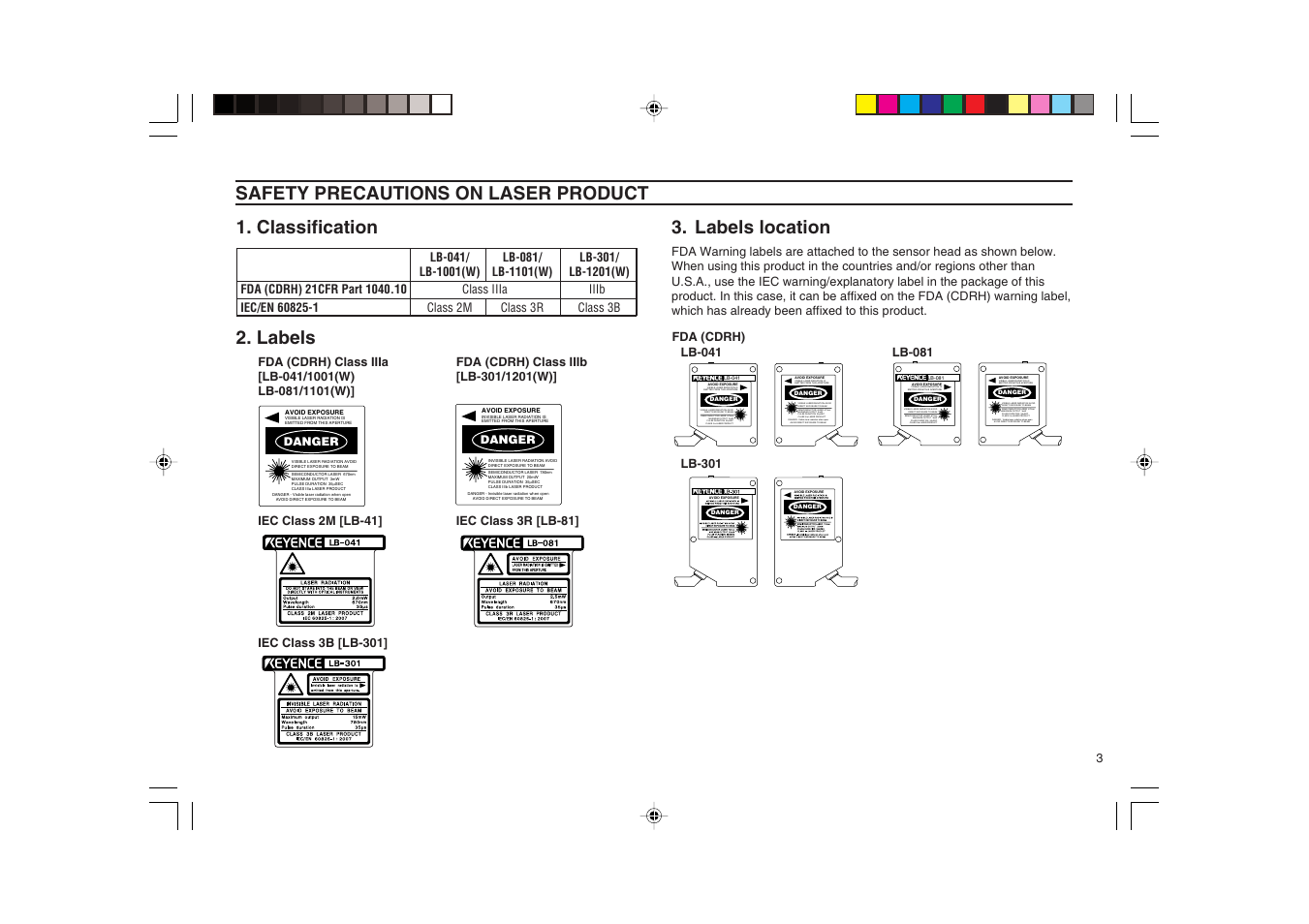 Safety precautions on laser product, Labels location | KEYENCE LB-1000(W) User Manual | Page 3 / 24