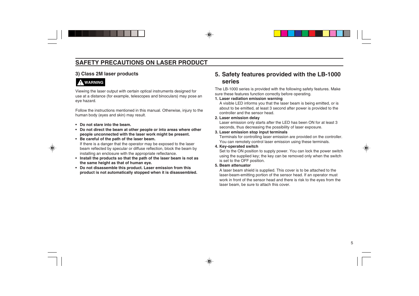 Safety precautions on laser product, Safety features provided with the lb-1000 series | KEYENCE LB-1000(W) User Manual | Page 5 / 24