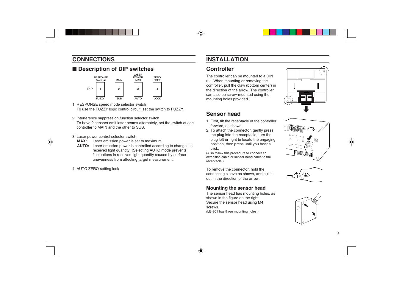 Installation, Installation controller, Sensor head | Connections ■ description of dip switches | KEYENCE LB-1000(W) User Manual | Page 9 / 24
