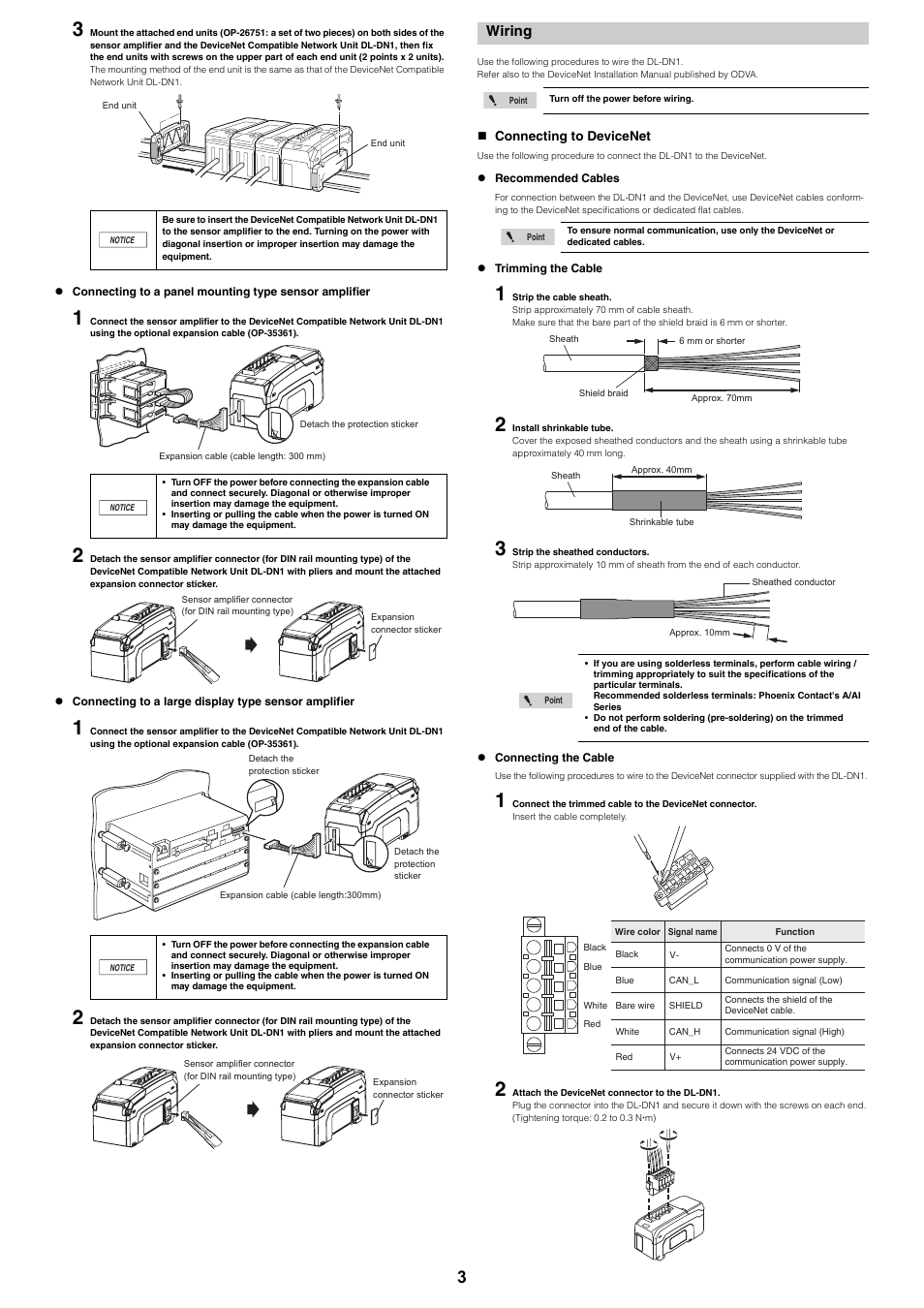 Wiring, Connecting to devicenet | KEYENCE DL-DN1 User Manual | Page 3 / 4