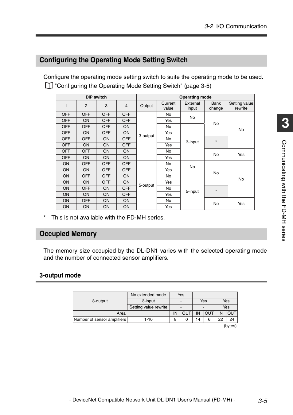 Configuring the operating mode setting switch, Occupied memory, Output mode | 2 i/o communication, Co mm u ni c a ting w ith t he fd -m h s er ie s | KEYENCE DL-DN1 User Manual | Page 33 / 72