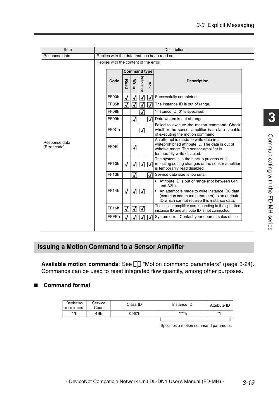 Issuing a motion command to a sensor amplifier, Issuing a motion command to a sensor amplifier -19, 3 explicit messaging | Co mm u ni c a ting w ith t he fd -m h s er ie s | KEYENCE DL-DN1 User Manual | Page 47 / 72