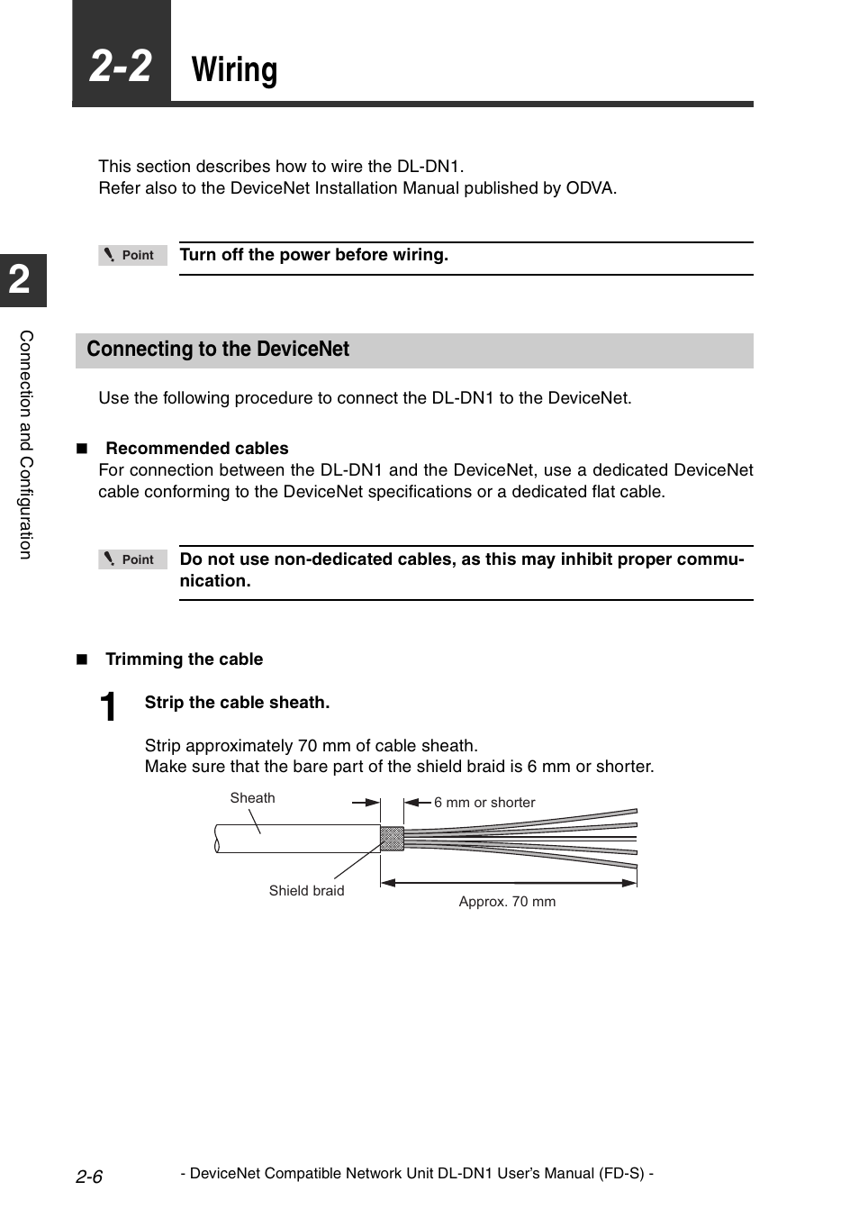 2 wiring, Connecting to the devicenet, Wiring -6 | Connecting to the devicenet -6, Wiring | KEYENCE DL-DN1 User Manual | Page 22 / 74