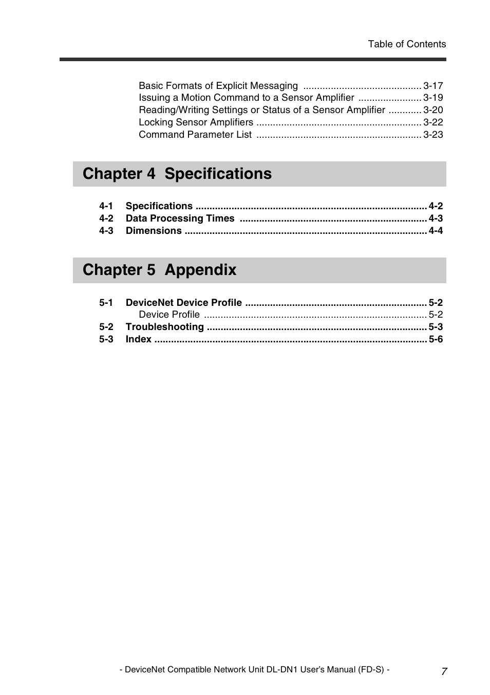 Chapter 4 specifications, Chapter 5 appendix | KEYENCE DL-DN1 User Manual | Page 9 / 74
