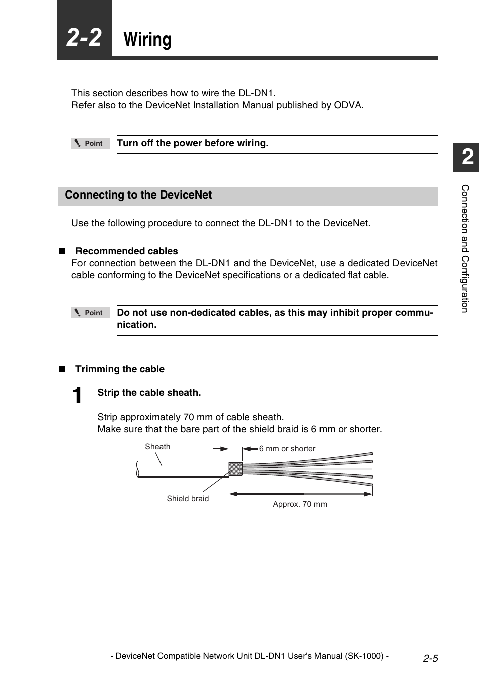 Wiring, Connecting to the devicenet, Wiring -5 | Connecting to the devicenet -5 | KEYENCE DL-DN1 User Manual | Page 21 / 76