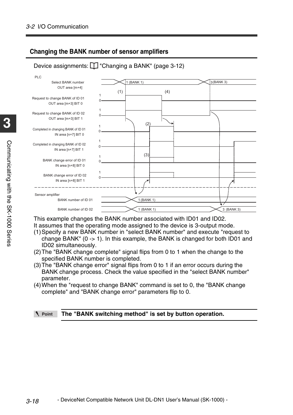 Changing the bank number of sensor amplifiers, 2 i/o communication, Comm u nic a ti ng w it h th e sk-1 000 se ri es | KEYENCE DL-DN1 User Manual | Page 44 / 76