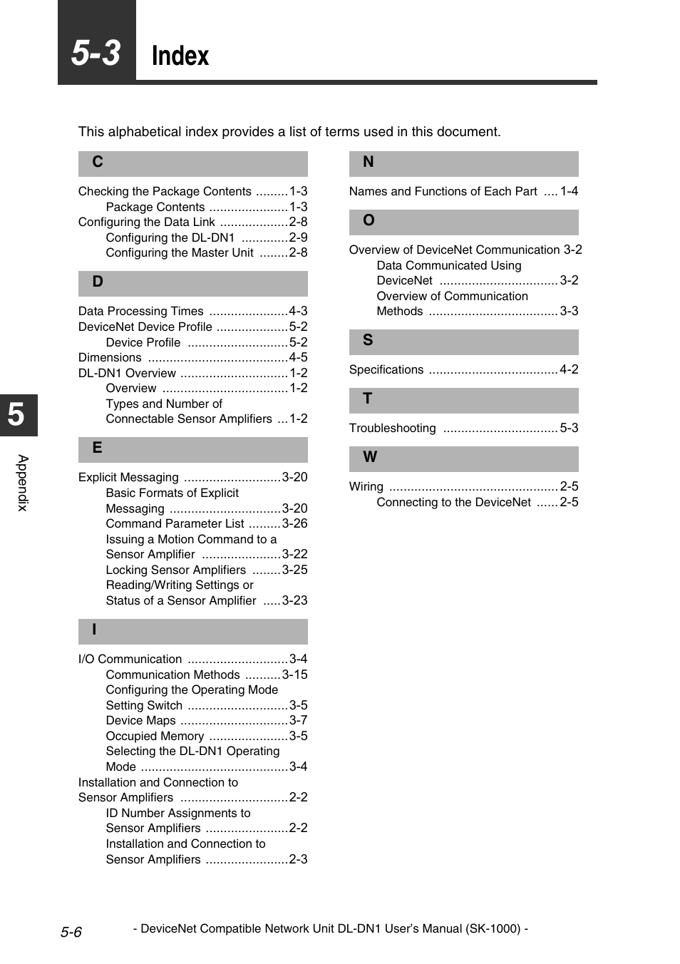 Index, Index -6 | KEYENCE DL-DN1 User Manual | Page 72 / 76