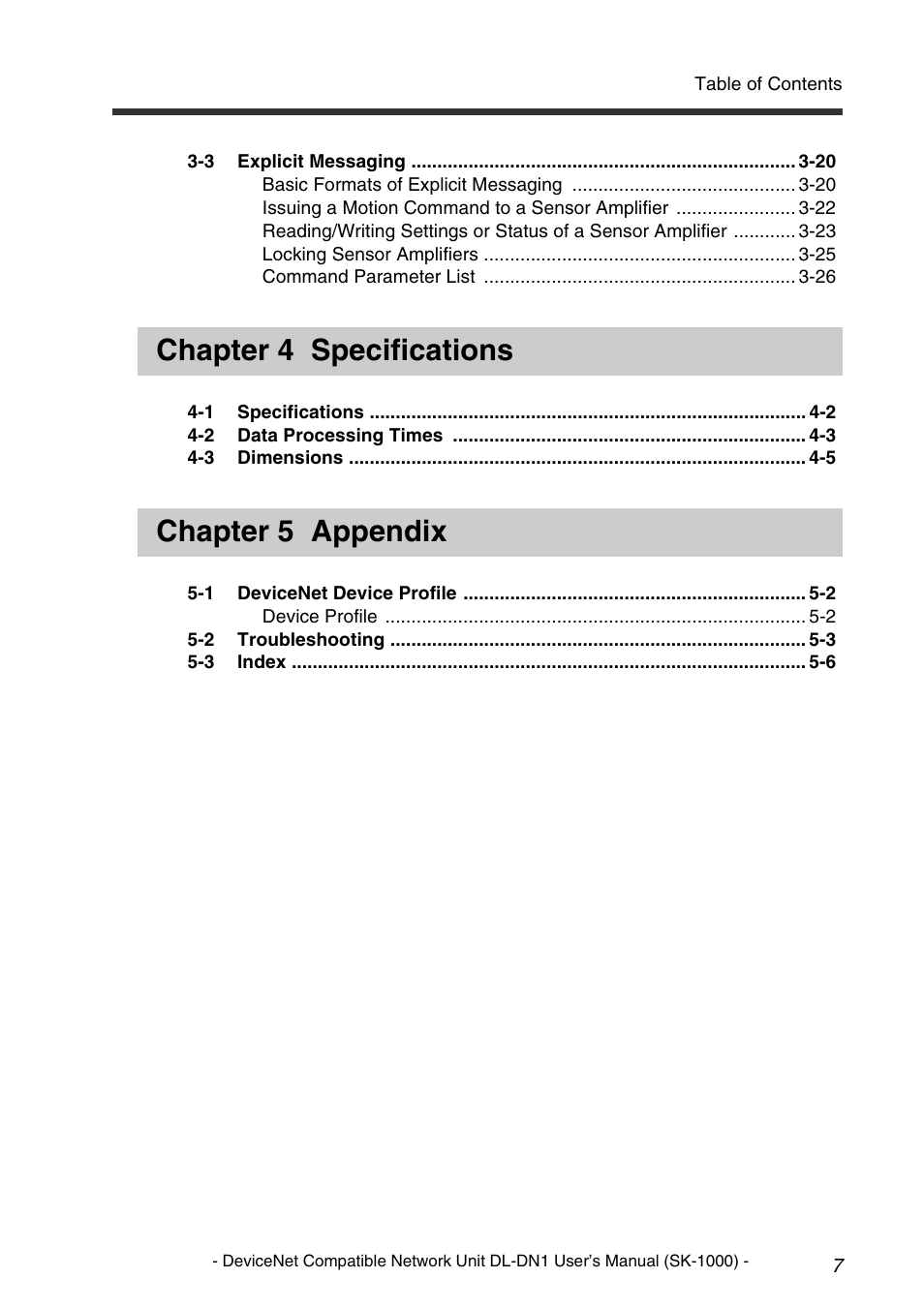 Chapter 4 specifications, Chapter 5 appendix | KEYENCE DL-DN1 User Manual | Page 9 / 76