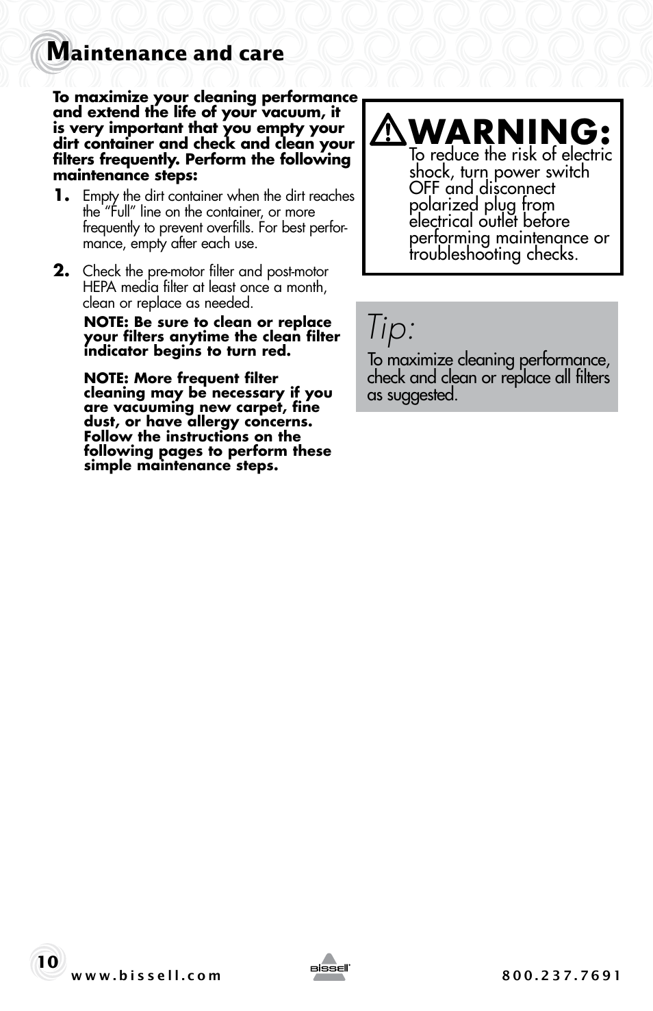 Warning, Aintenance and care | Bissell PET HAIR ERASER 3920 User Manual | Page 10 / 20