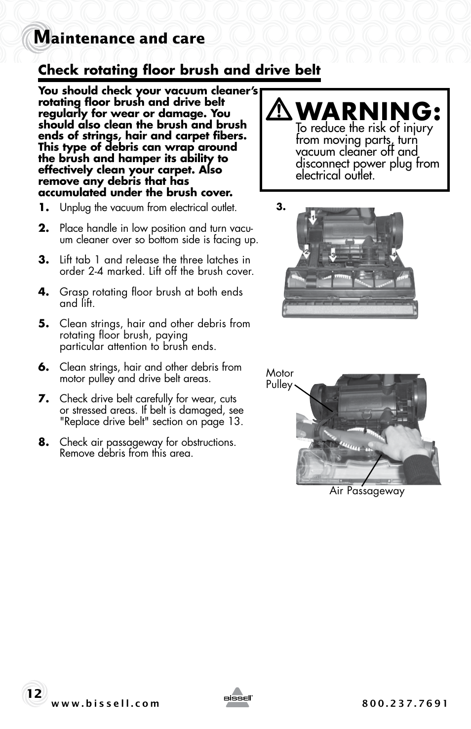 Warning, Aintenance and care | Bissell PET HAIR ERASER 3920 User Manual | Page 12 / 20