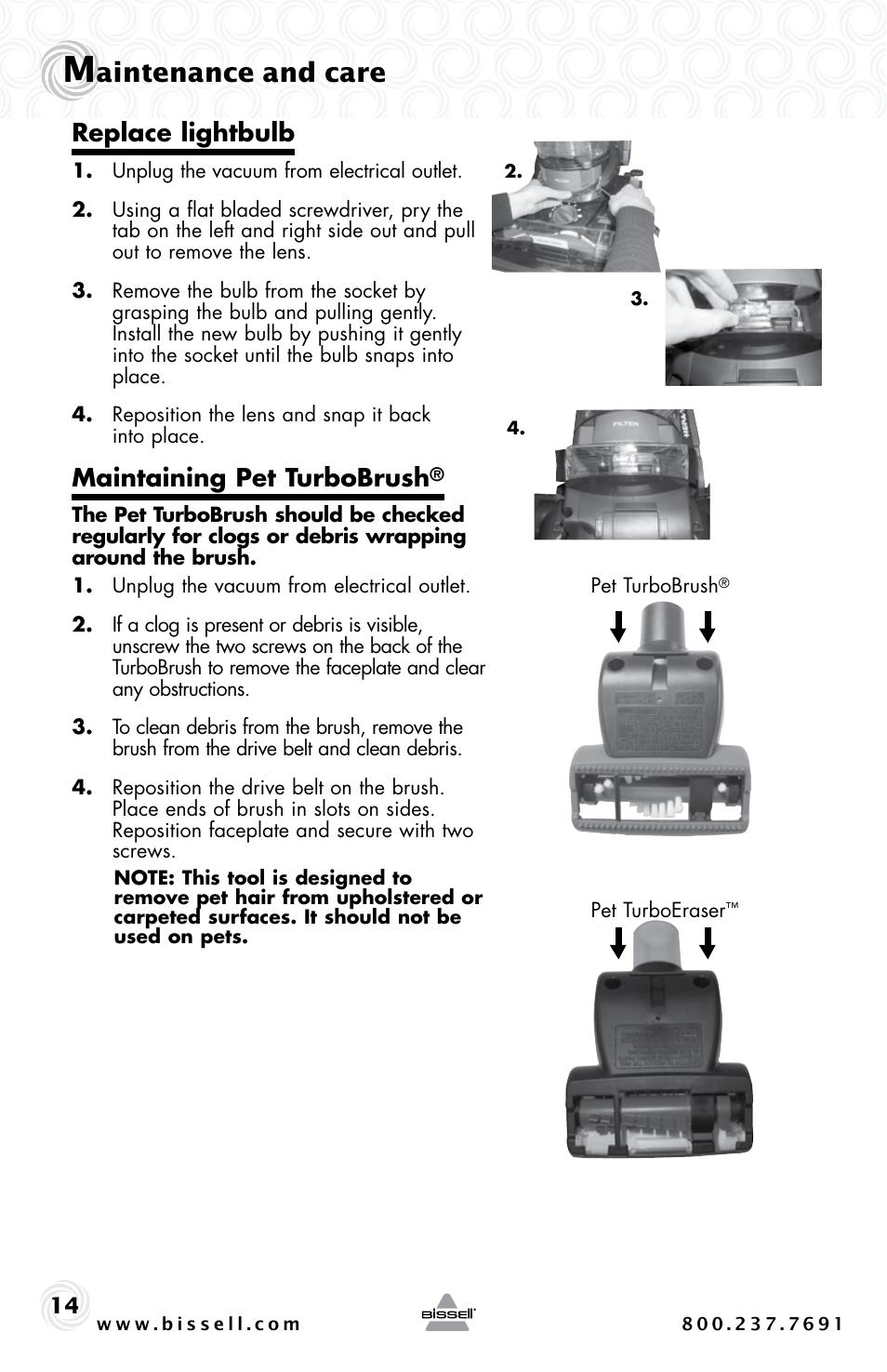 Aintenance and care, Replace lightbulb, Maintaining pet turbobrush | Bissell PET HAIR ERASER 3920 User Manual | Page 14 / 20