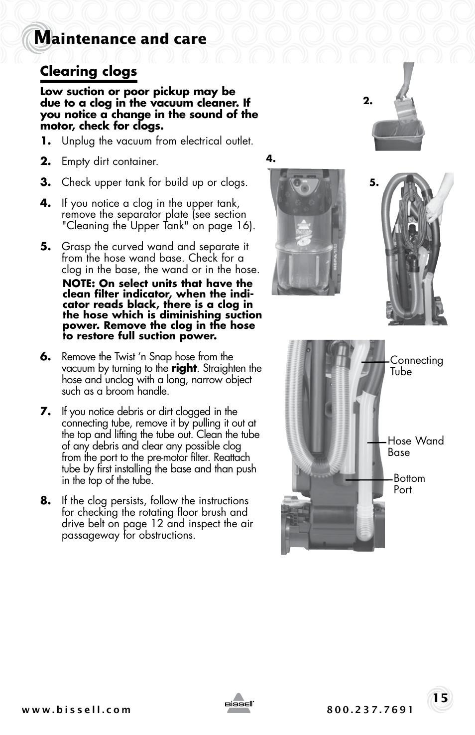 Aintenance and care, Clearing clogs | Bissell PET HAIR ERASER 3920 User Manual | Page 15 / 20