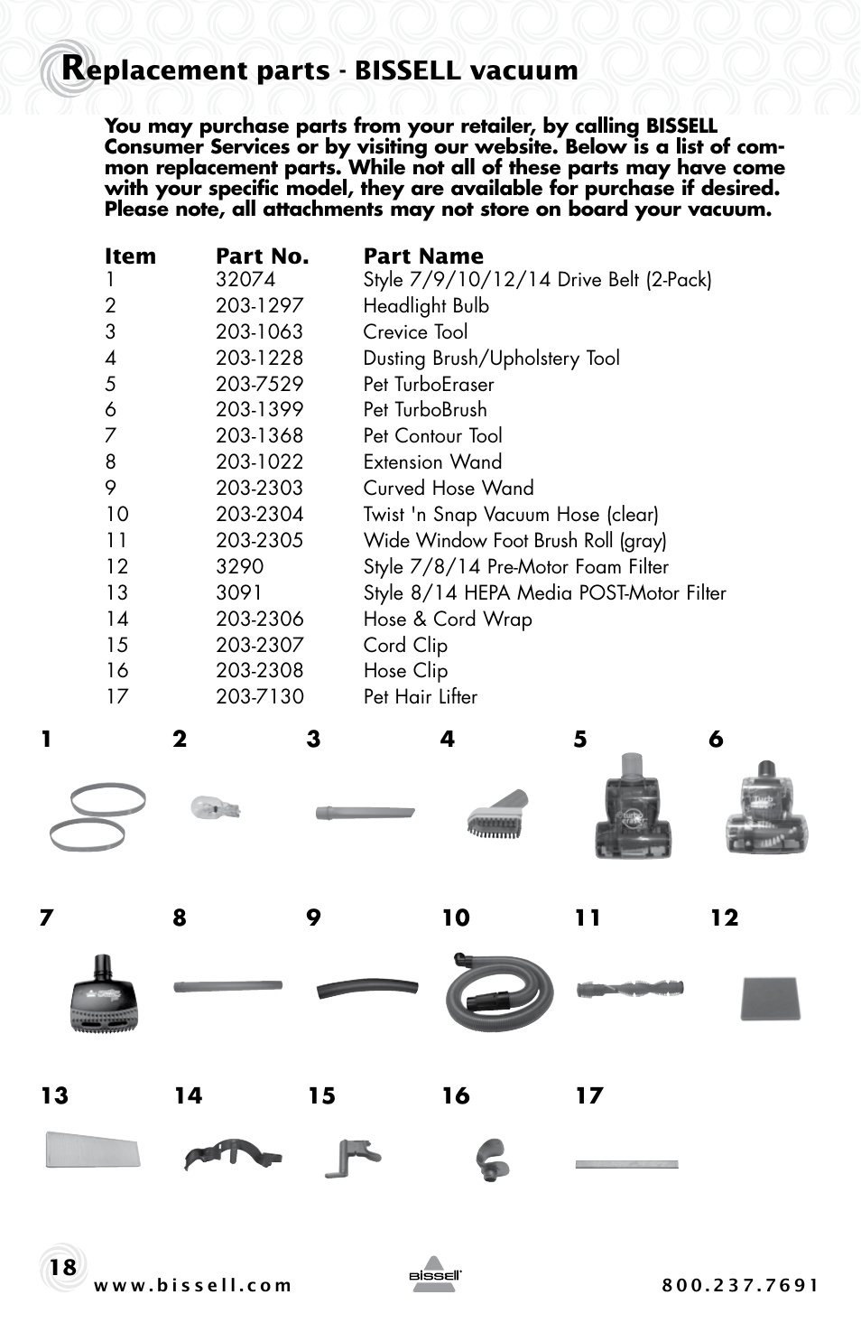 Eplacement parts - bissell vacuum | Bissell PET HAIR ERASER 3920 User Manual | Page 18 / 20