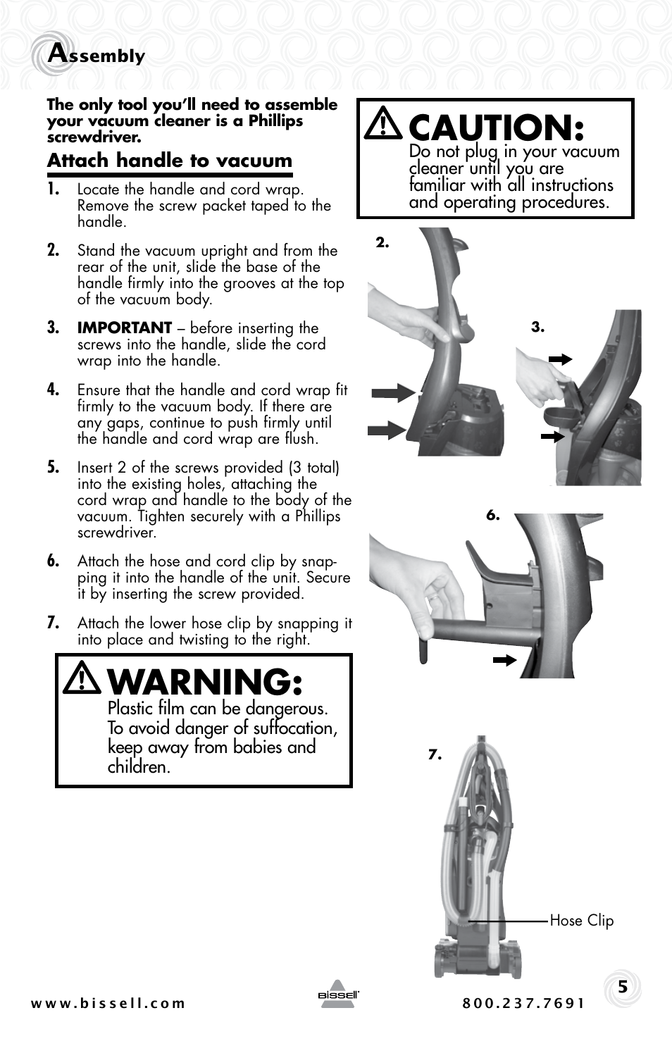 Caution, Warning | Bissell PET HAIR ERASER 3920 User Manual | Page 5 / 20