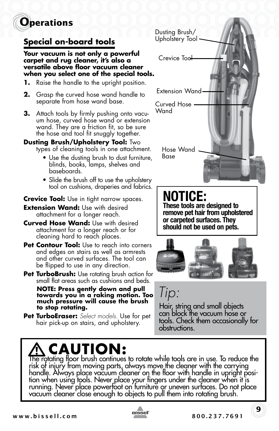 Caution, Notice, Perations | Bissell PET HAIR ERASER 3920 User Manual | Page 9 / 20