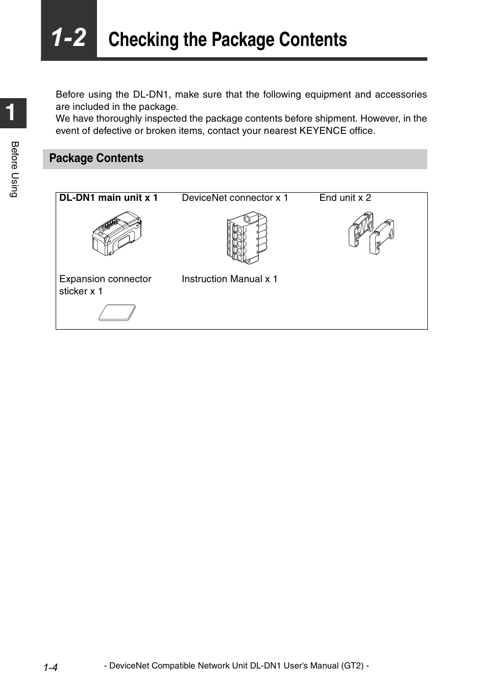 2 checking the package contents, Package contents, Checking the package contents -4 | Package contents -4, Checking the package contents | KEYENCE DL-DN1 User Manual | Page 14 / 82