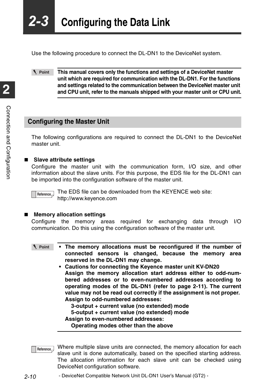 3 configuring the data link, Configuring the master unit, Configuring the data link -10 | Configuring the master unit -10, Configuring the data link | KEYENCE DL-DN1 User Manual | Page 28 / 82