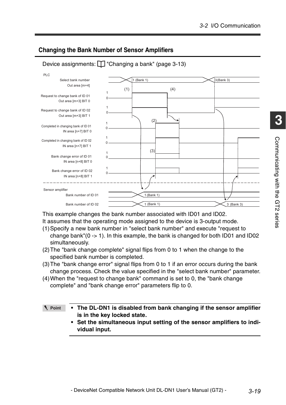 Changing the bank number of sensor amplifiers, 2 i/o communication, Co mm u ni c a ting w ith t he g t 2 s er ie s | KEYENCE DL-DN1 User Manual | Page 49 / 82