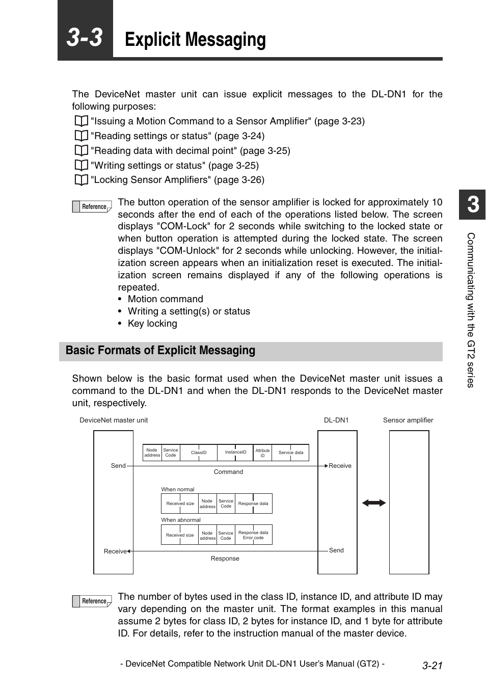 3 explicit messaging, Basic formats of explicit messaging, Explicit messaging -21 | Basic formats of explicit messaging -21, P. 3-21, Explicit, Explicit messaging, Co mm u ni c a ting w ith t he g t 2 s er ie s | KEYENCE DL-DN1 User Manual | Page 51 / 82