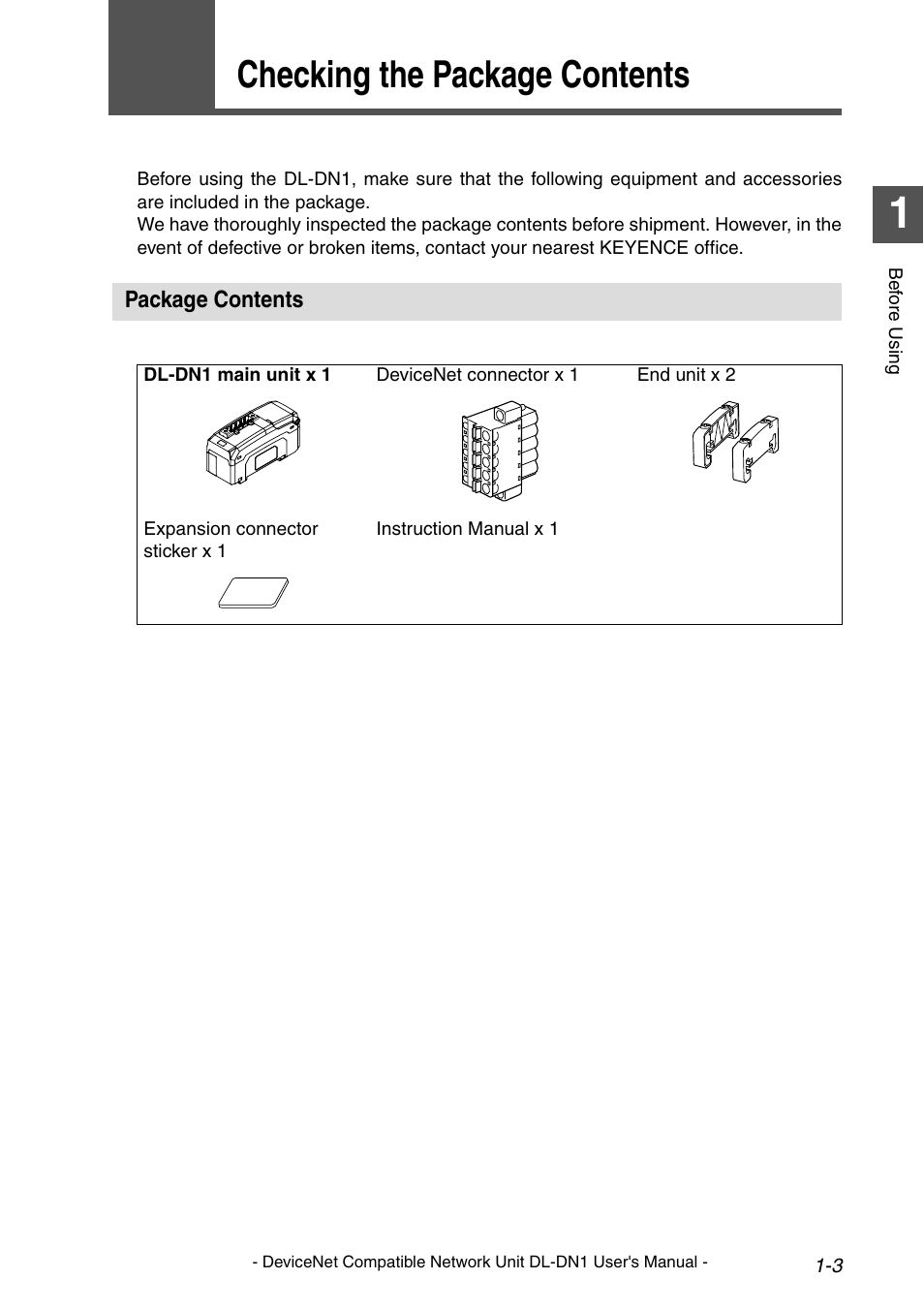 2 checking the package contents, Package contents, Checking the package contents -3 | Package contents -3, Checking the package contents | KEYENCE DL-DN1 User Manual | Page 13 / 84
