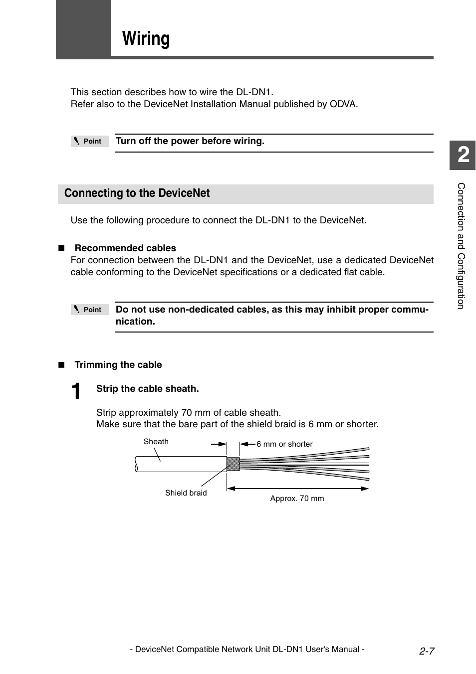 2 wiring, Connecting to the devicenet, Wiring -7 | Connecting to the devicenet -7, Wiring | KEYENCE DL-DN1 User Manual | Page 23 / 84