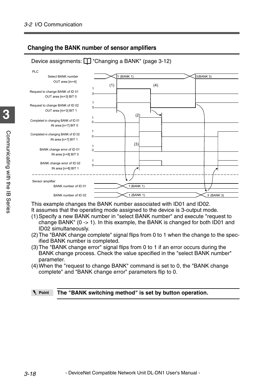 Changing the bank number of sensor amplifiers, 2 i/o communication, Comm un ica ti ng wit h th e ib ser ies | KEYENCE DL-DN1 User Manual | Page 46 / 84