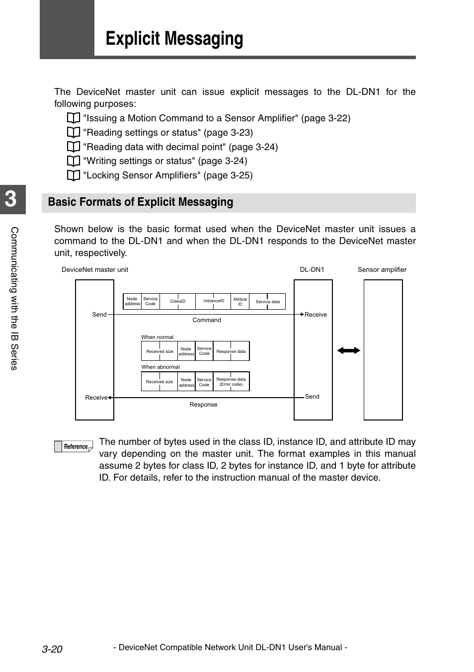 3 explicit messaging, Basic formats of explicit messaging, Explicit messaging -20 | Basic formats of explicit messaging -20, P. 3-20, Explicit, Explicit messaging, Comm un ica ti ng wit h th e ib ser ies | KEYENCE DL-DN1 User Manual | Page 48 / 84