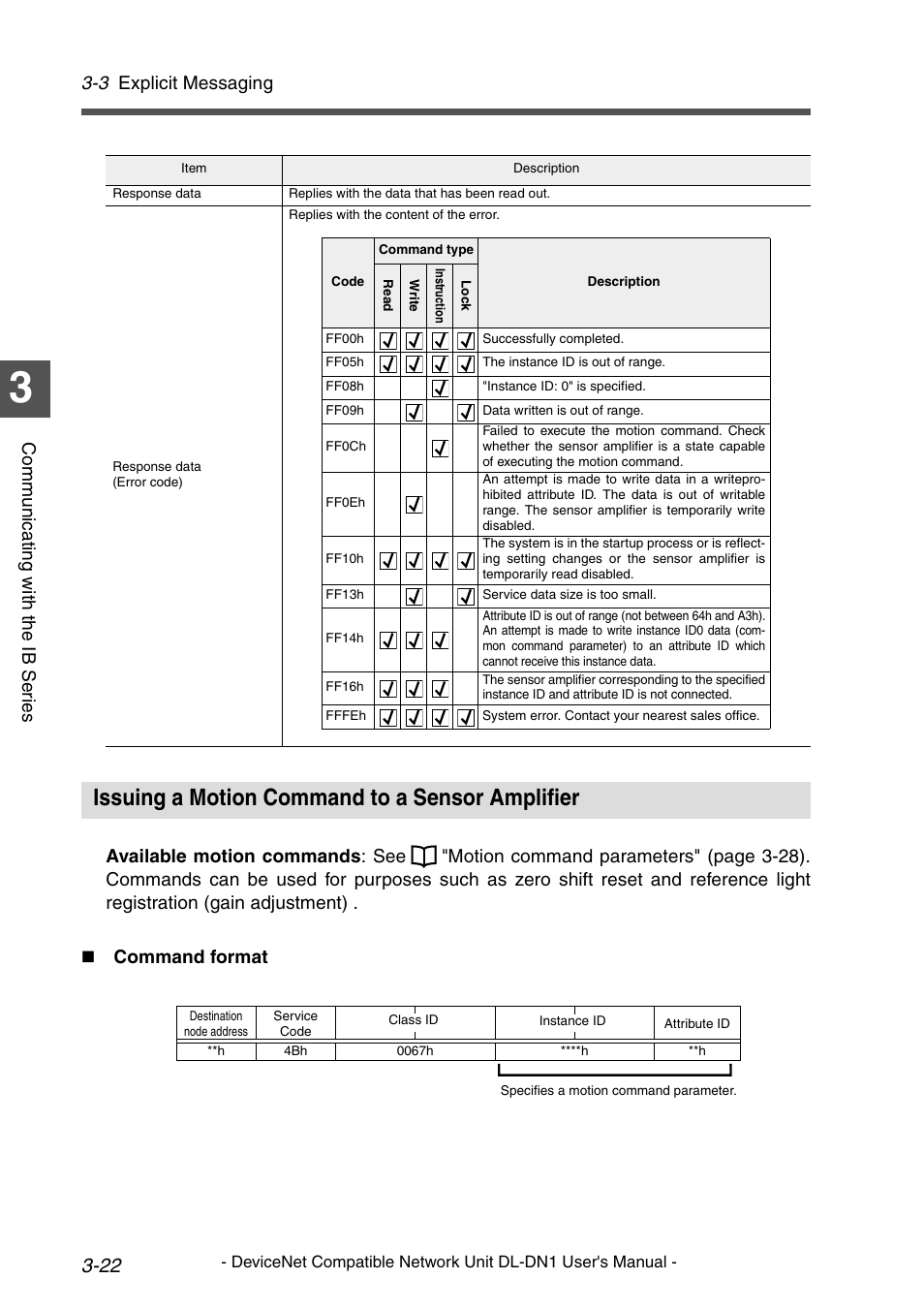 Issuing a motion command to a sensor amplifier, Issuing a motion command to a sensor amplifier -22, 3 explicit messaging | KEYENCE DL-DN1 User Manual | Page 50 / 84