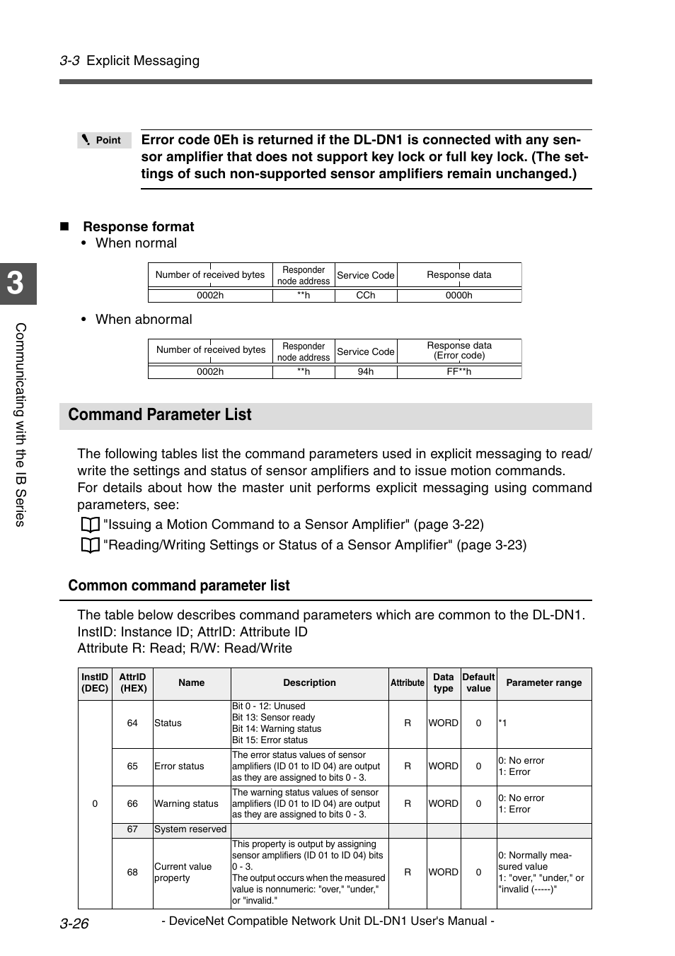 Command parameter list, Command parameter list -26, Common command parameter list | 3 explicit messaging | KEYENCE DL-DN1 User Manual | Page 54 / 84