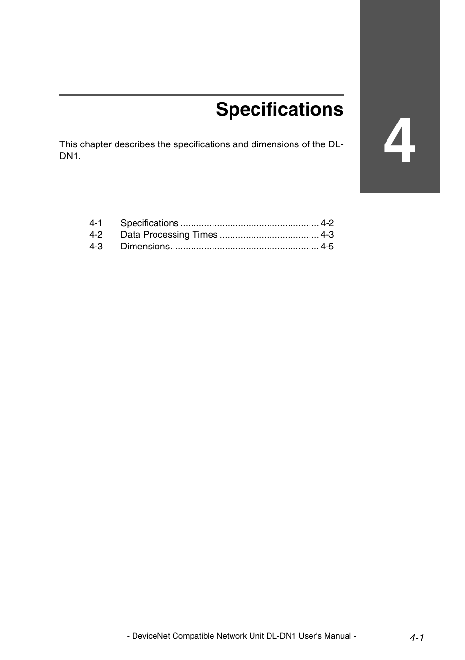 4 specifications, Chapter 4 specifications, Specifications | KEYENCE DL-DN1 User Manual | Page 67 / 84