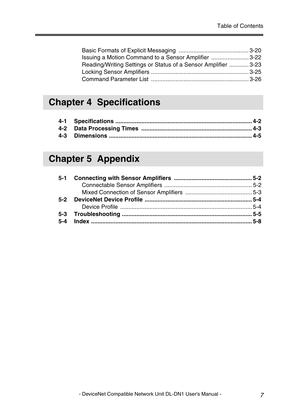 Chapter 4 specifications, Chapter 5 appendix | KEYENCE DL-DN1 User Manual | Page 9 / 84