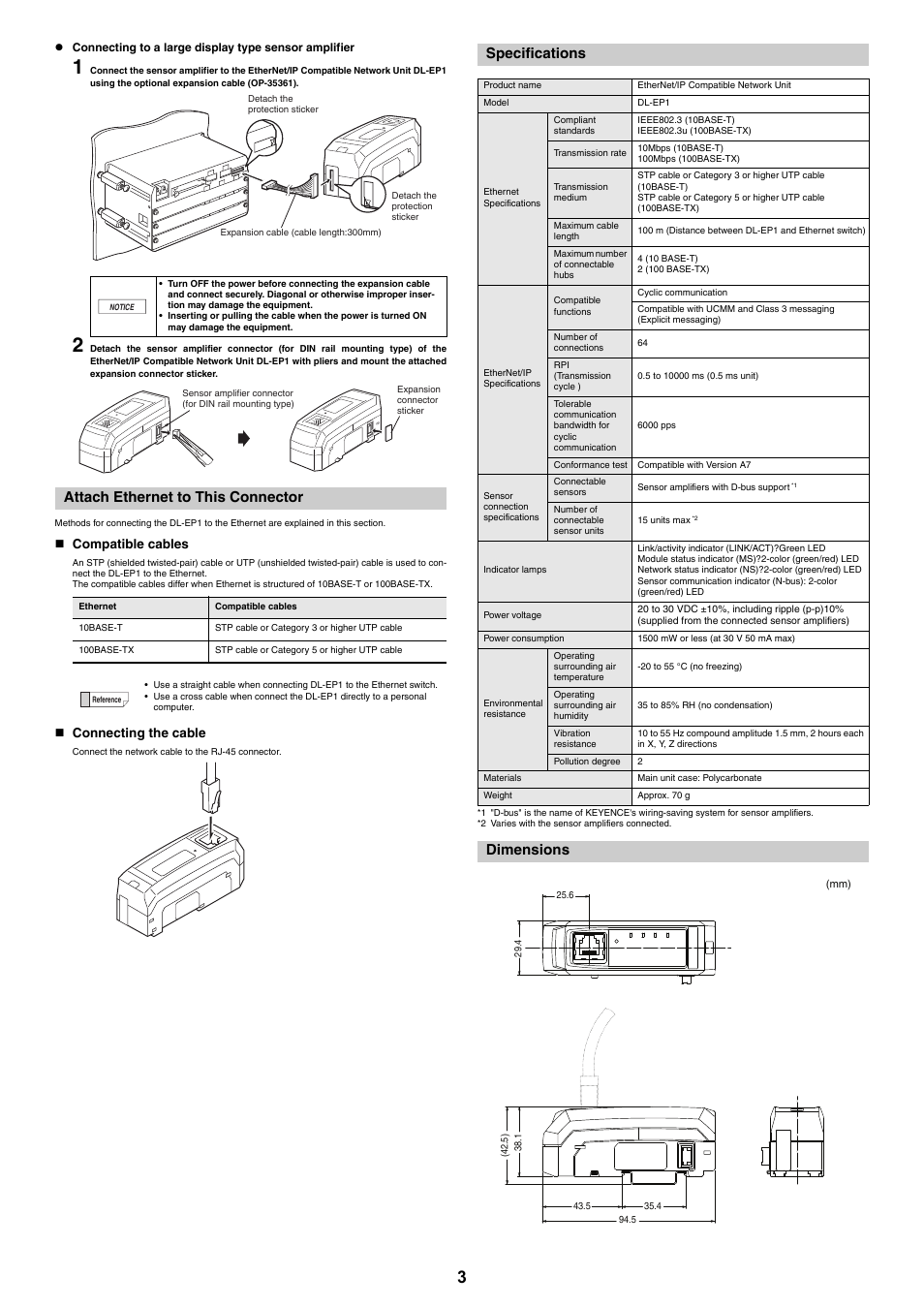 Attach ethernet to this connector, Compatible cables, Connecting the cable | Specifications, Dimensions | KEYENCE DL-EP1 User Manual | Page 3 / 4