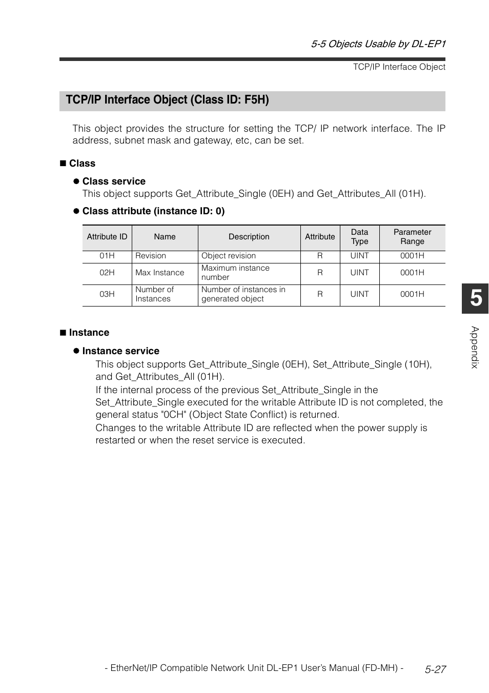 Tcp/ip interface object (class id: f5h), Tcp/ip interface object (class id: f5h) -27 | KEYENCE DL-EP1 User Manual | Page 107 / 120