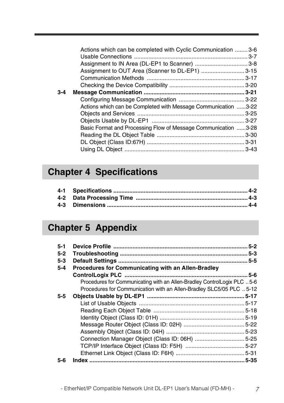 Chapter 4 sp ecifications, Chapter 5 append ix | KEYENCE DL-EP1 User Manual | Page 9 / 120