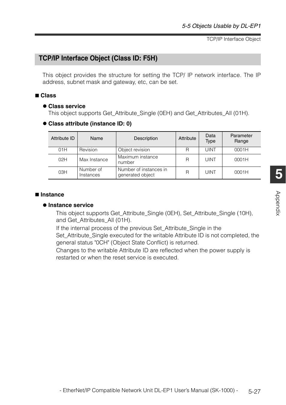 Tcp/ip interface object (class id: f5h), Tcp/ip interface object (class id: f5h) -27 | KEYENCE DL-EP1 User Manual | Page 113 / 126