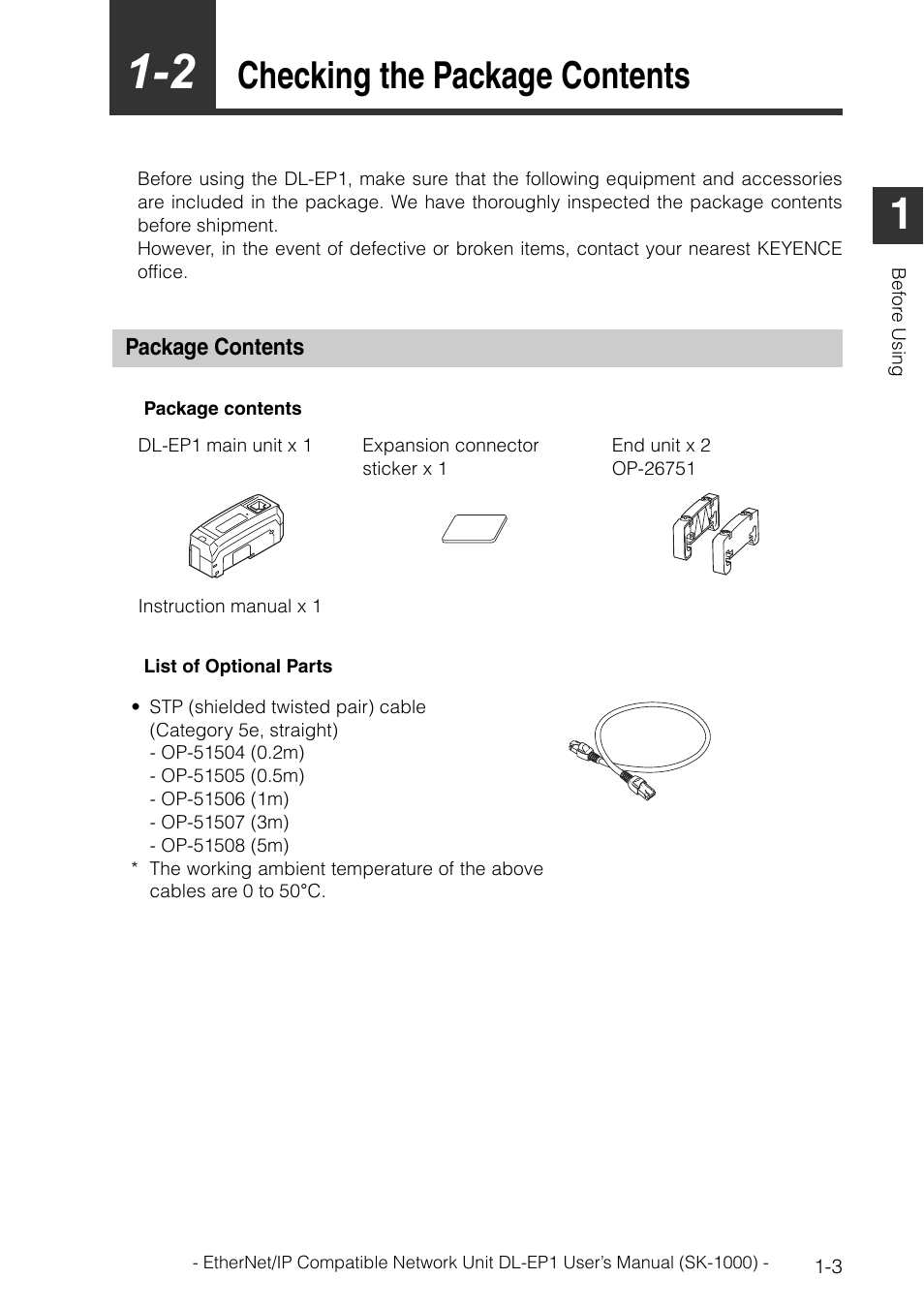 2 checking the package contents, Package contents, Package contents -3 | Checking the package contents -3, Checking the package contents | KEYENCE DL-EP1 User Manual | Page 13 / 126