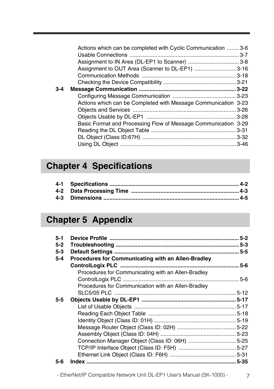 Chapter 4 specifications, Chapter 5 appendix | KEYENCE DL-EP1 User Manual | Page 9 / 126