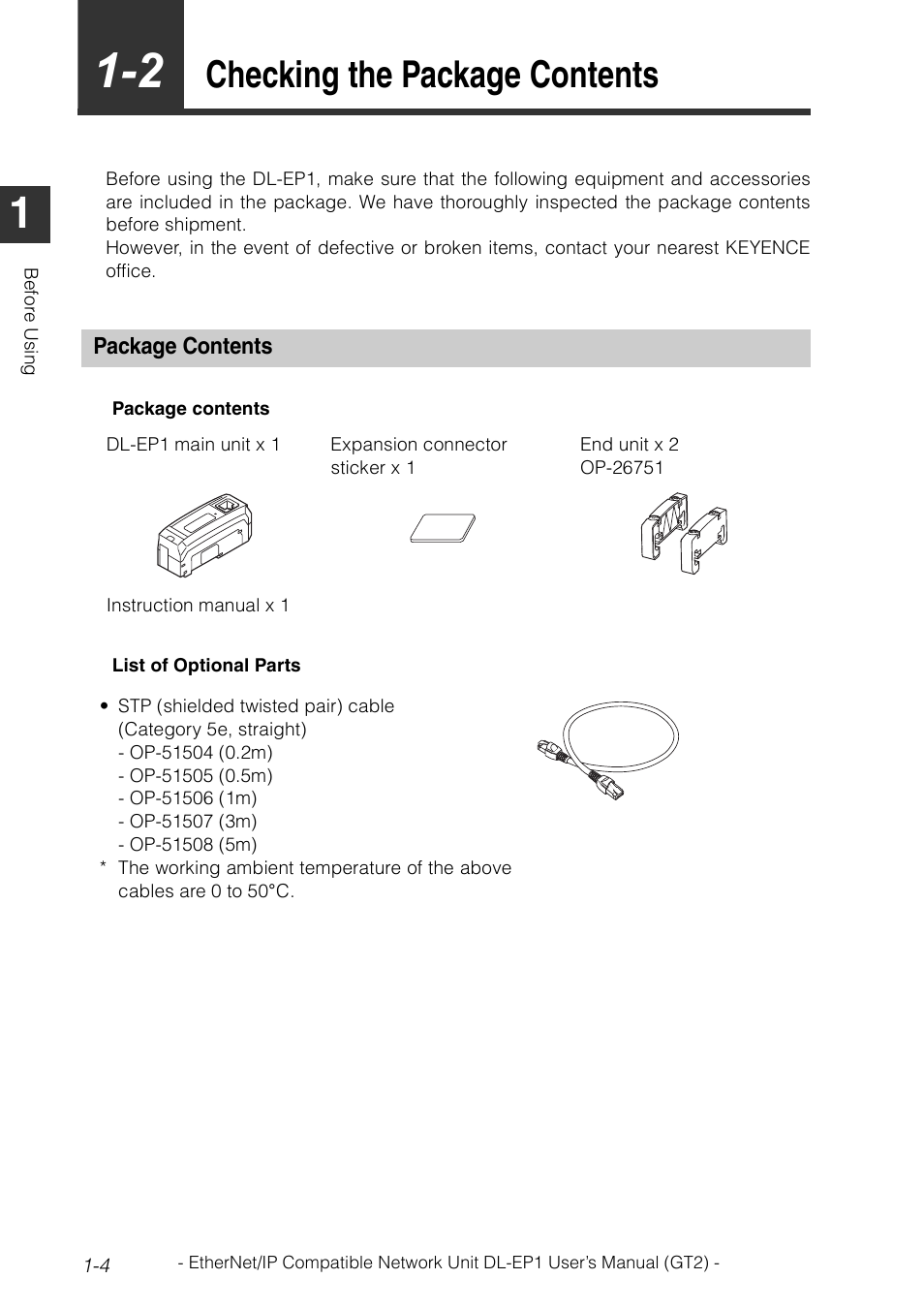 2 checking the package contents, Package contents, Checking the package contents -4 | Package contents -4, Checking the package contents | KEYENCE DL-EP1 User Manual | Page 14 / 128