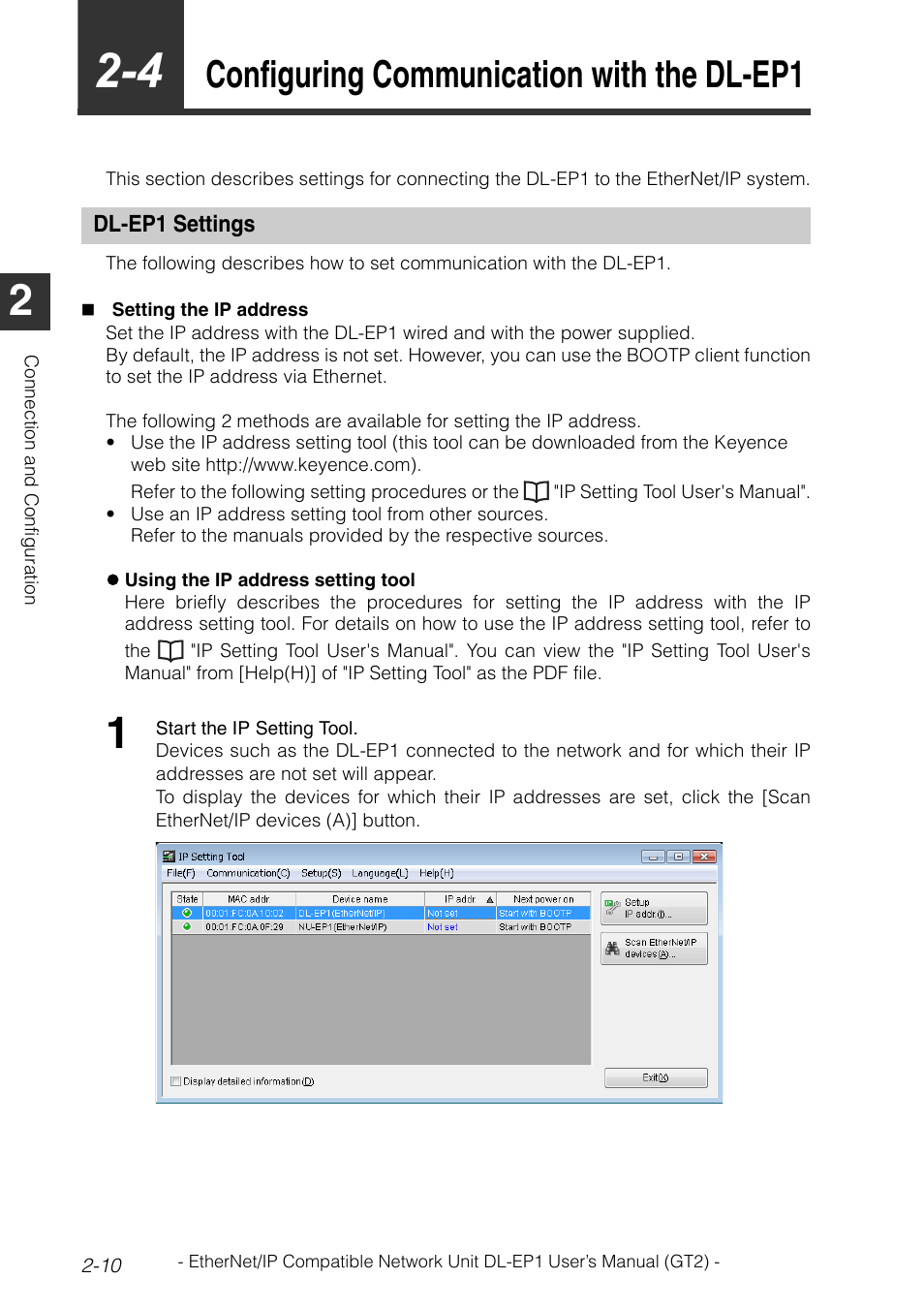 4 configuring communication with the dl-ep1, Dl-ep1 settings, Configuring communication with the dl-ep1 -10 | Dl-ep1 settings -10, Configuring communication with the dl-ep1 | KEYENCE DL-EP1 User Manual | Page 26 / 128